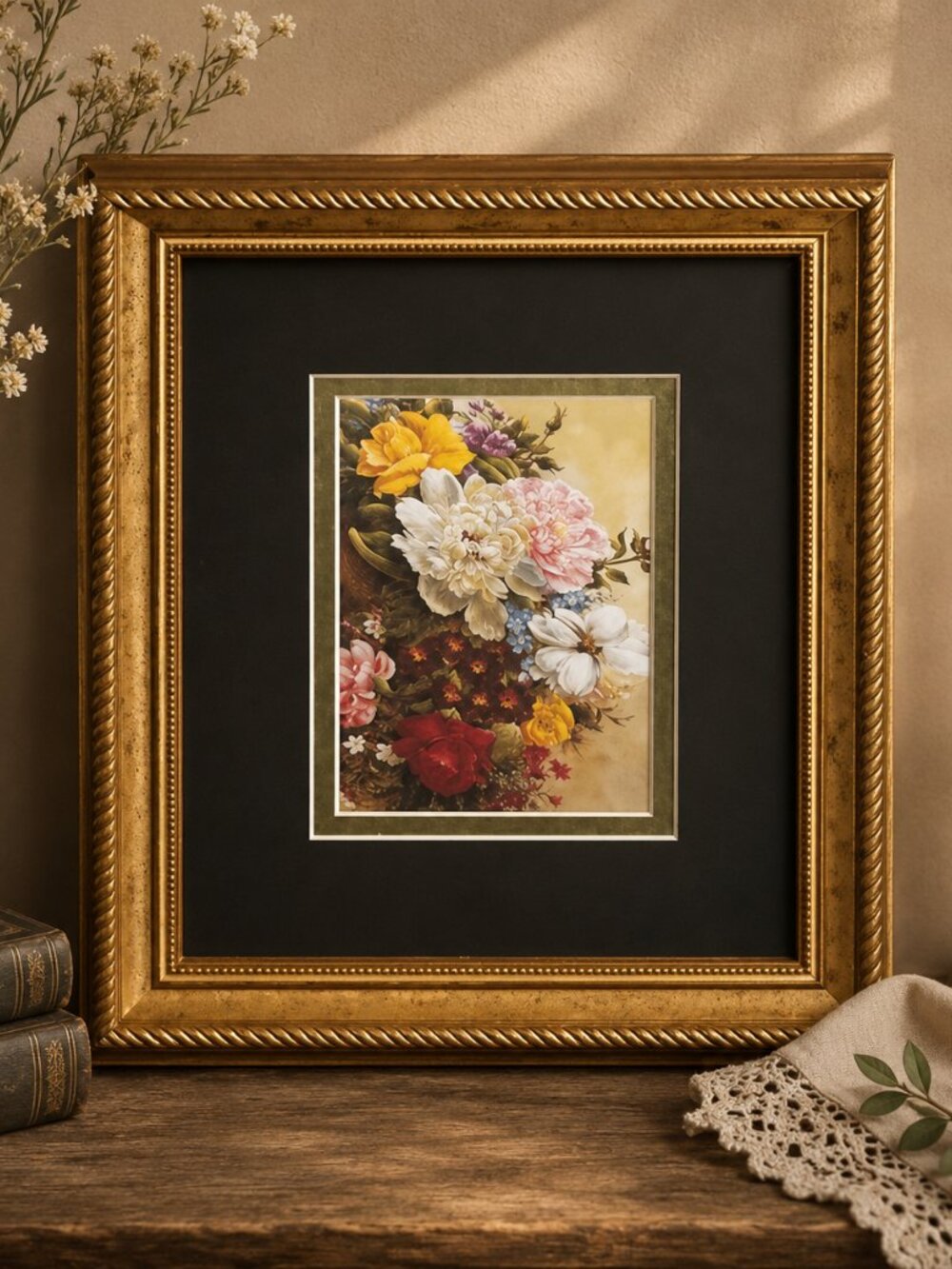 Still Life Vintage Floral Artwork Ornate Gold Frame With a Roped-Edge Border.